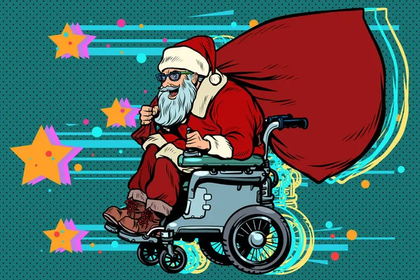 Santa Claus es un usuario activo de silla de ruedas discapacitado. Navidad y Año Nuevo — Vector de stock