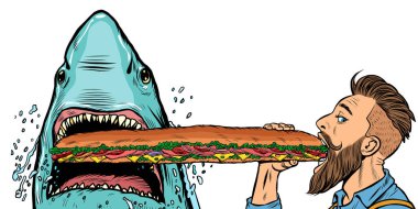 Köpekbalığı ve insan fast food sandviçleri yiyor. Açlık ve sokak yemekleri konsepti.