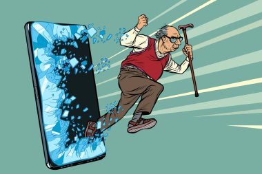 Yaşlı adam emekli büyükbaba telefon aleti akıllı telefon. Çevrimiçi internet uygulama hizmeti programı