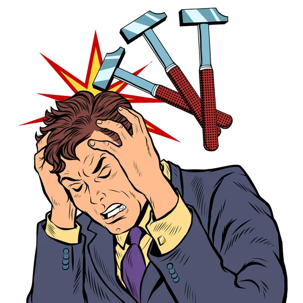 Throbbing headache man. hammer blows — Stock Vector