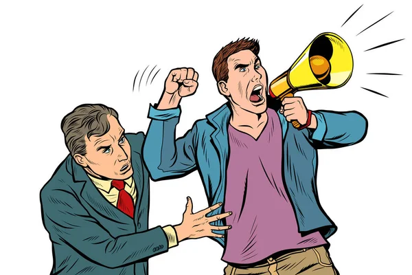 Scared man in the street calms a protester with a megaphone — Stock Vector