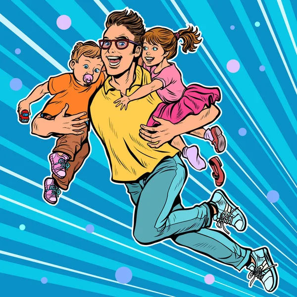 Papá superhéroe vuela y lleva a su hija y su hijo en sus brazos. paternidad — Vector de stock