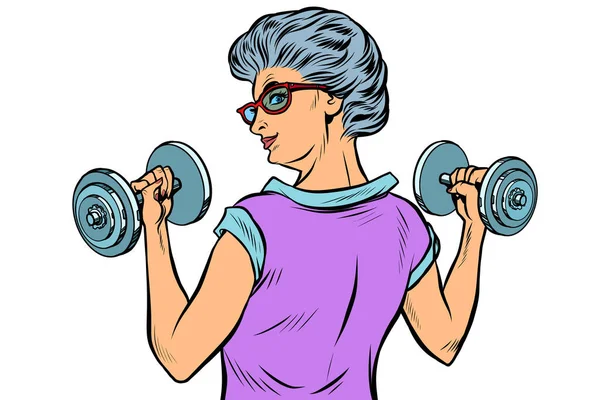 Фитнес гантели спортивная активность Женщина бабушка пенсионерка пожилая леди — стоковый вектор