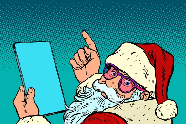 Babbo Natale con un tablet. Nuovo anno e Natale concetto di vendita online — Vettoriale Stock