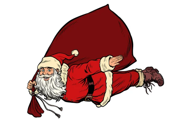 Ο υπερήρωας Άγιος Βασίλης πετάει με μια τσάντα με δώρα. — Διανυσματικό Αρχείο