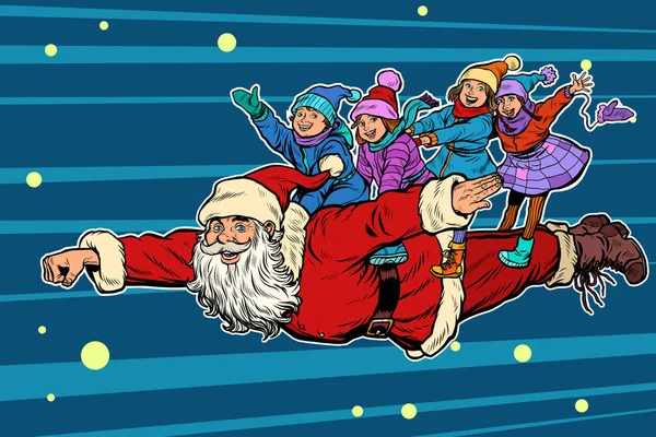 Superheld Weihnachtsmann mit Kindern. Weihnachten und Neujahr — Stockvektor