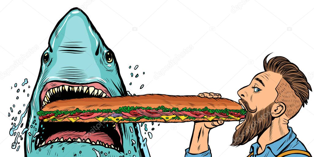 shark and man eating fast food sandwiches. Hunger and street food concept.