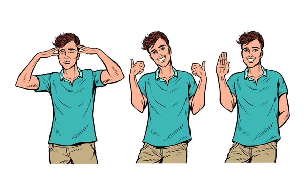 Young man gestures set — Stock Vector