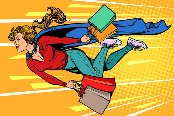 Superhéroe mujer volando con compras. ventas y descuentos en tiendas — Vector de stock