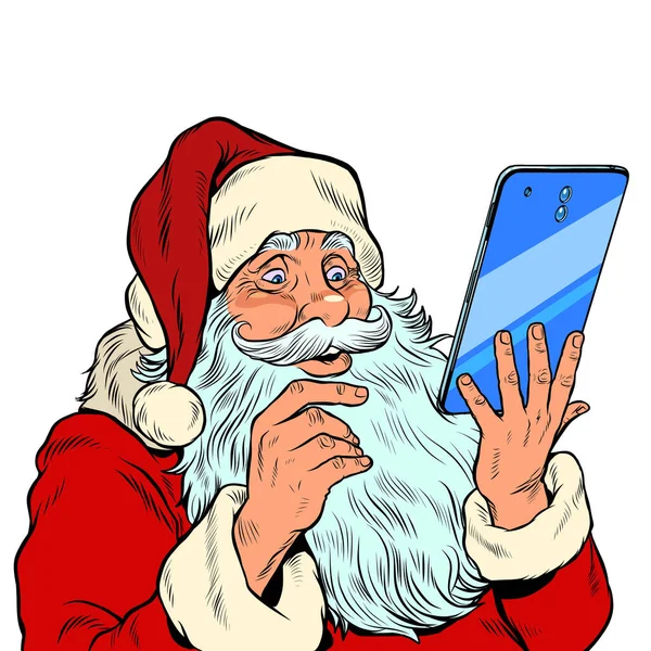 Weihnachtsmann und ein großes Smartphone. Elektronische Weihnachtsverkäufe und Bestellungen in Online-Shops — Stockvektor