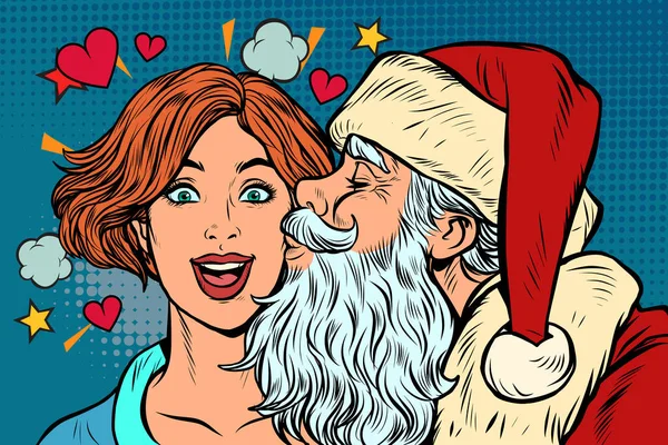 산타 클로스는 크리스마스와 새해에 여자에게 키스한다 — 스톡 벡터