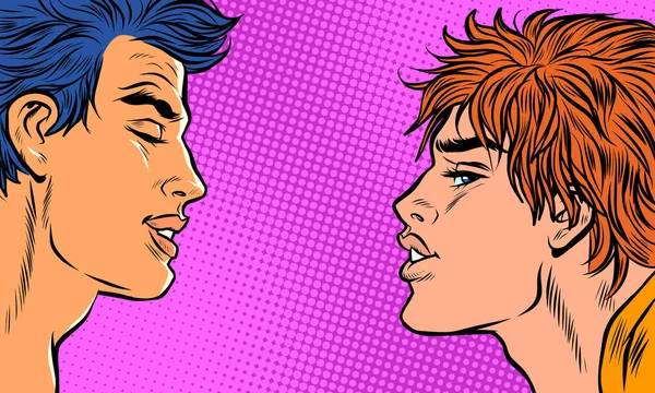 Dwa młody gej mężczyźni całowanie — Wektor stockowy