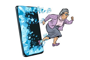 Emekli kadın ve yeni teknoloji konsepti. Büyükannem akıllı telefonun ekranını yumrukluyor ve internete giriyor.
