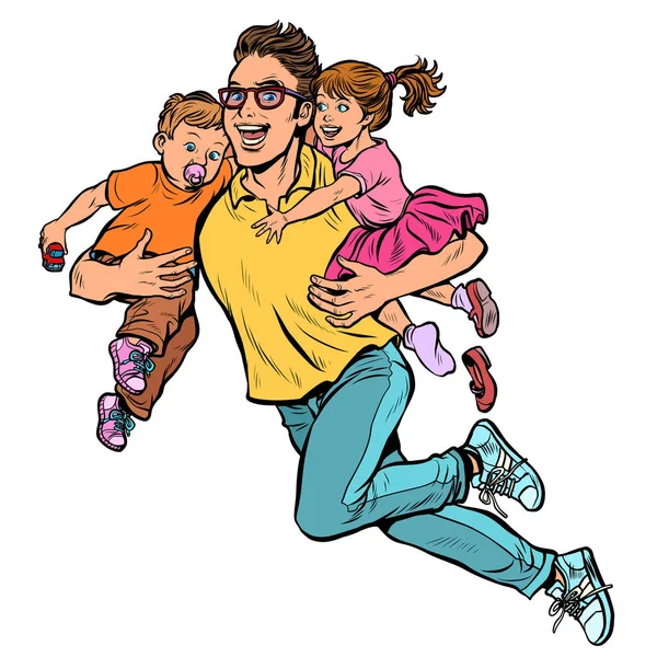 Pappa superhjälte flyger och bär sin dotter och son i sina armar. faderskap — Stock vektor