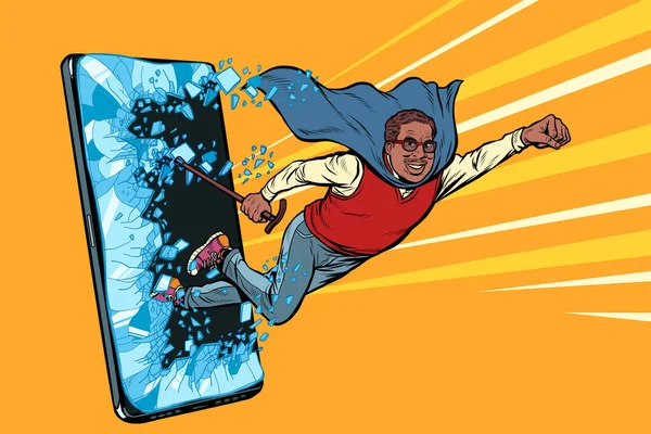Stary afrykański człowiek superbohater uderza w ekran Telefon gadżet smartfon. Internetowy program obsługi aplikacji internetowych — Wektor stockowy
