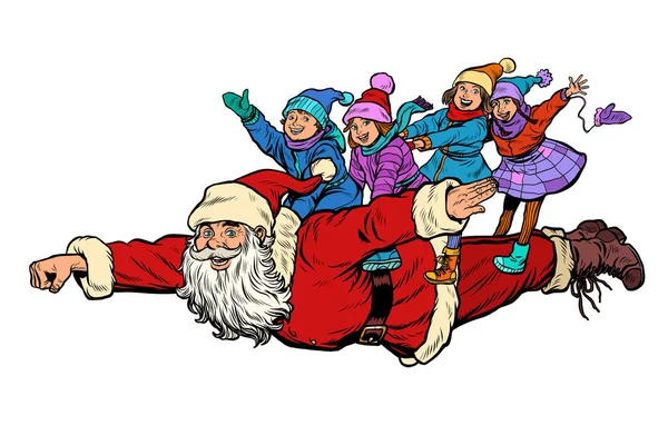 Супергерой Санта Клаус с детьми. Рождество и Новый год — стоковый вектор
