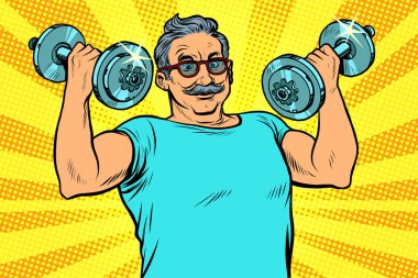 Yaşlı adam dambıl kaldırır, spor yapar.