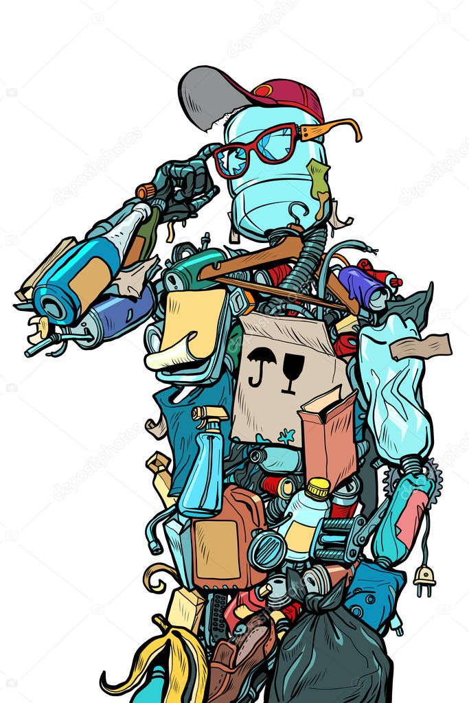 The character garbage man. Landfills dump ecology and pollution concept
