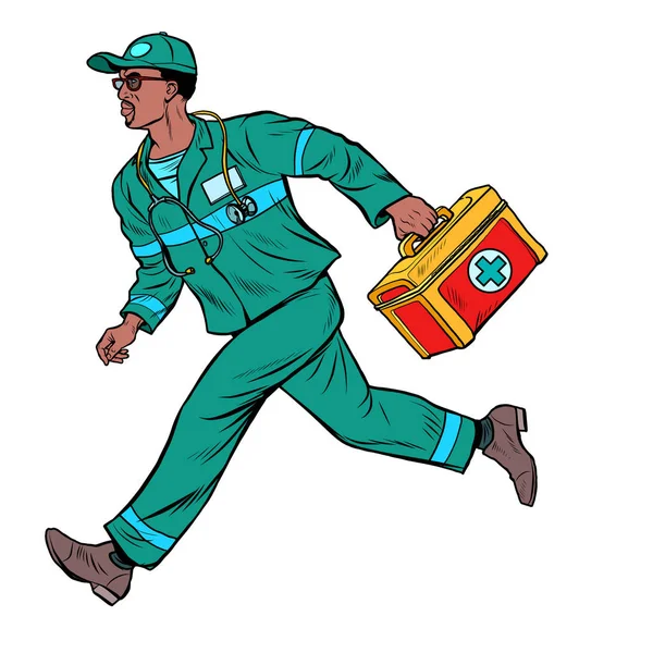 Médico de ambulancia africano. Médico masculino con botiquín de primeros auxilios — Vector de stock