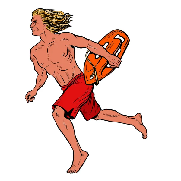 水の救助者の男は溺れる男の助けを借りて走る — ストックベクタ