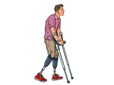 Koltuk değnekleriyle biyonik protezi olan bacaksız bir gazi. Engelli bir adam sakatlandıktan sonra yürümeyi öğrenir. rehabilitasyon tedavisi ve iyileşme