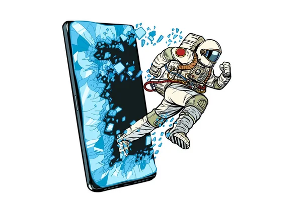 Konsep aplikasi online ilmiah. Astronot berjalan melalui smartphone - Stok Vektor