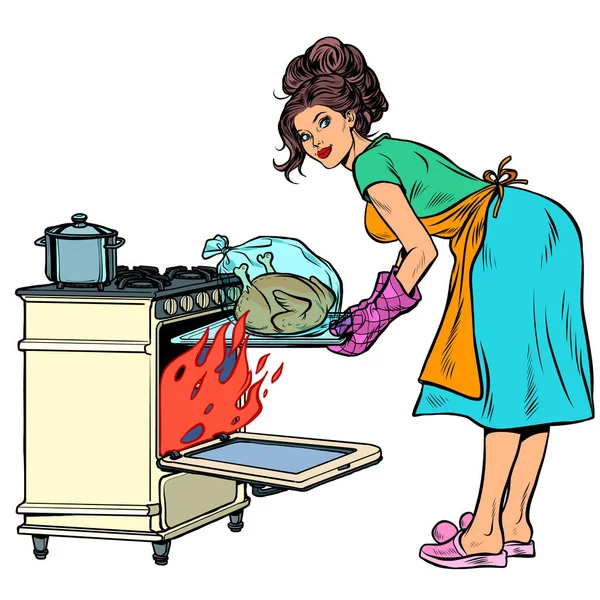 Woman housewife bakes bird in the oven — Stock Vector
