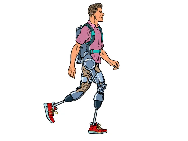 Εξωσκελετός για άτομα με ειδικές ανάγκες. Ένας άντρας χωρίς πόδια βετεράνος περπατάει. ανάρρωση. επιστήμη και τεχνολογία — Διανυσματικό Αρχείο
