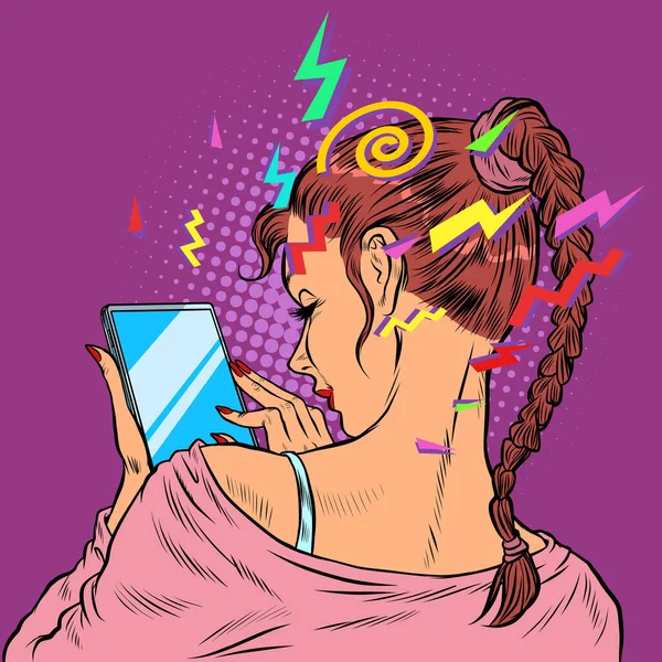 Une jeune femme avec un smartphone. Techniques et gadgets — Image vectorielle