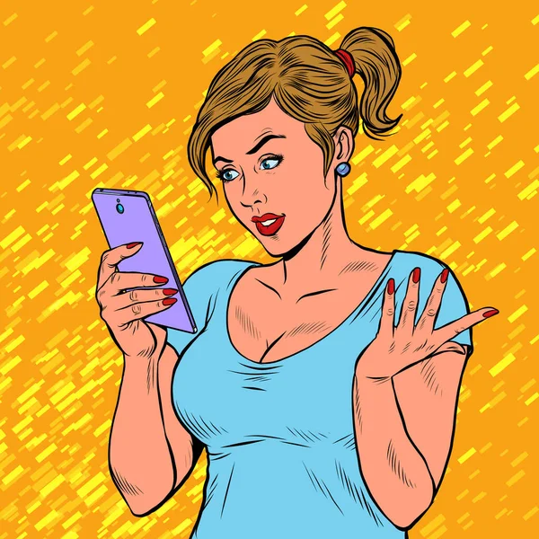 Une jeune femme avec un smartphone. Techniques et gadgets — Image vectorielle