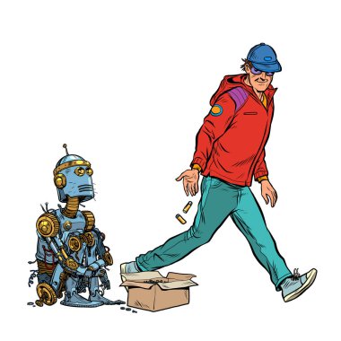 Dilenci evsiz robot sadaka istiyor.