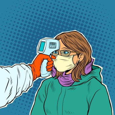 A doctor measures the temperature of a woman in a medical mask. Novel Wuhan coronavirus 2019-nCoV epidemic outbreak