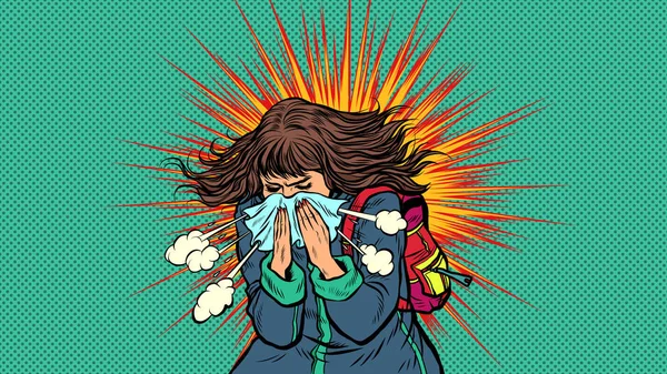 Espirros de mulher, sintomas da doença. Surto de epidemia de Wuhan coronavirus 2019-nCoV —  Vetores de Stock