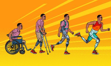 Evolution of rehabilitation. african man leg prosthesis