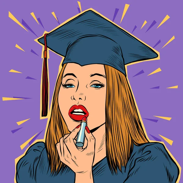 Universidad chica graduada pinta los labios con lápiz labial — Archivo Imágenes Vectoriales