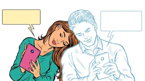 Влюблённая пара, молодой человек и девушка общаются по телефону в социальных сетях — стоковый вектор