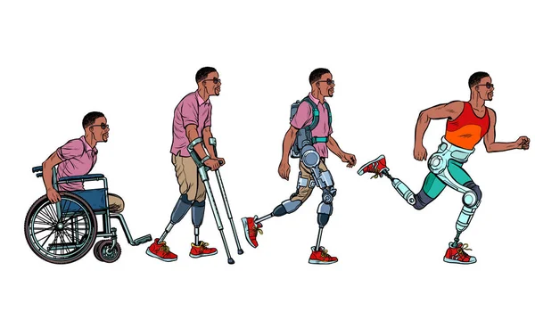Evolución de la rehabilitación. prótesis de pierna de hombre africano — Vector de stock