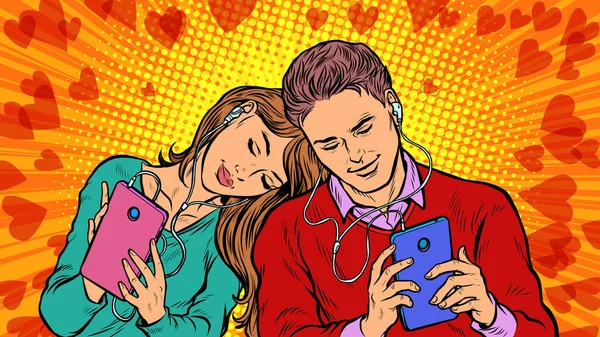 Una coppia innamorata, un giovane uomo e una ragazza stanno chattando sui social network per telefono — Vettoriale Stock