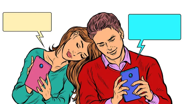 Um casal apaixonado, um jovem e uma menina estão conversando nas redes sociais por telefone —  Vetores de Stock