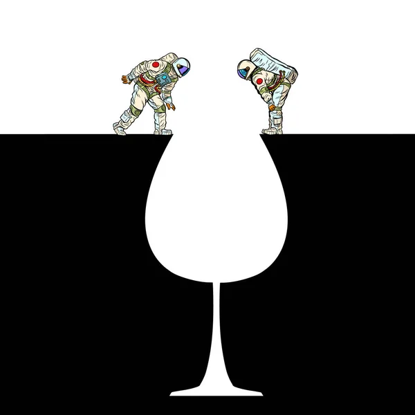 Astronautas en el borde. Silueta de copa de vino — Archivo Imágenes Vectoriales