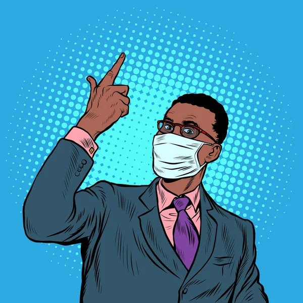 African businessman in a medical mask. Coronavirus epidemic. Self isolation and quarantine — Stock Vector