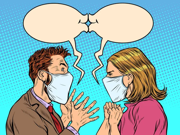 Man en vrouw in medische maskers kus — Stockvector