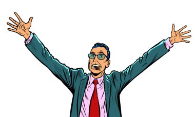 Mutlu iş adamı el kaldırır.