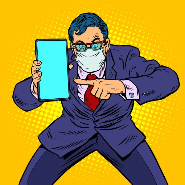 Businessman in quarantine recommends online communication — Stock Vector