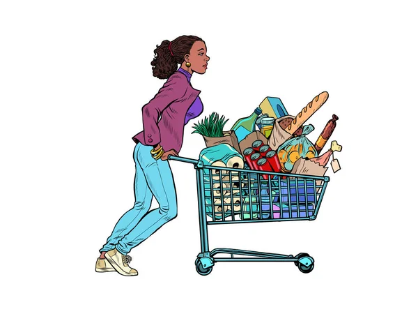 Mujer africana con un carrito lleno de comestibles — Vector de stock