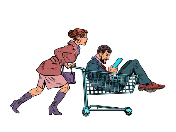 슈퍼마켓에서 쇼핑 카트를 탄 남자와 함께 있는 여자 — 스톡 벡터