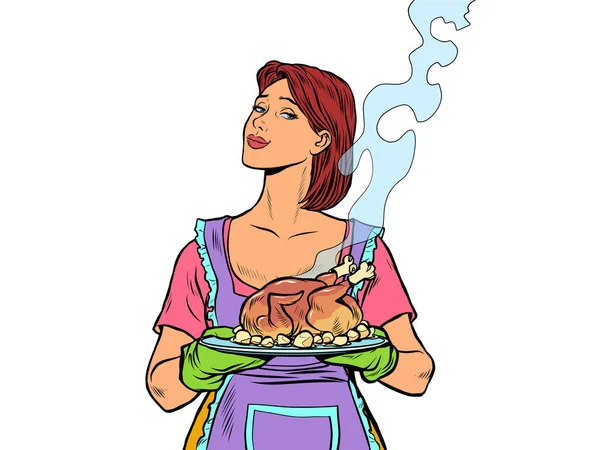Mujer con pato pollo frito listo. Aislar sobre un fondo blanco — Vector de stock
