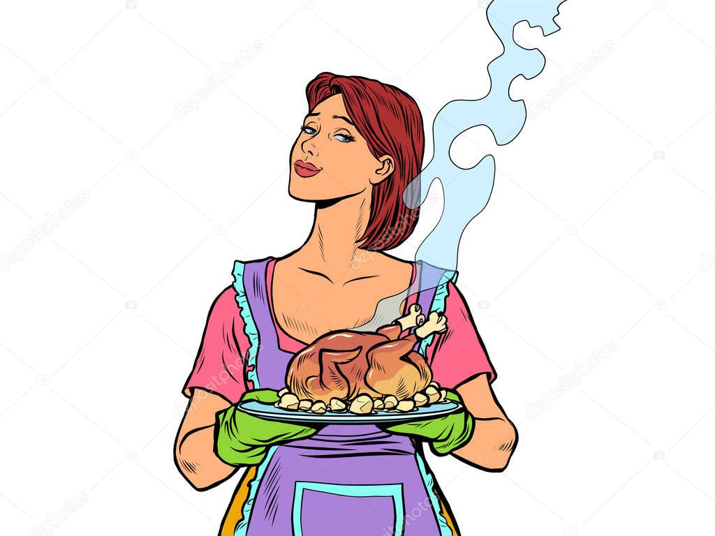 Woman with ready fried poultry chicken duck. Isolate on a white background