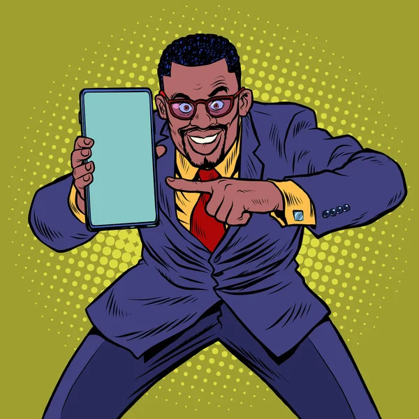 Afrikaanse zakenman shows op smartphone. Mobiele technologieën en nieuwe gadgets — Stockvector