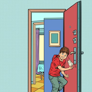 Son salgın ve karantina. Çocuk evden ayrılır ve tıbbi maskeyi çıkarır.